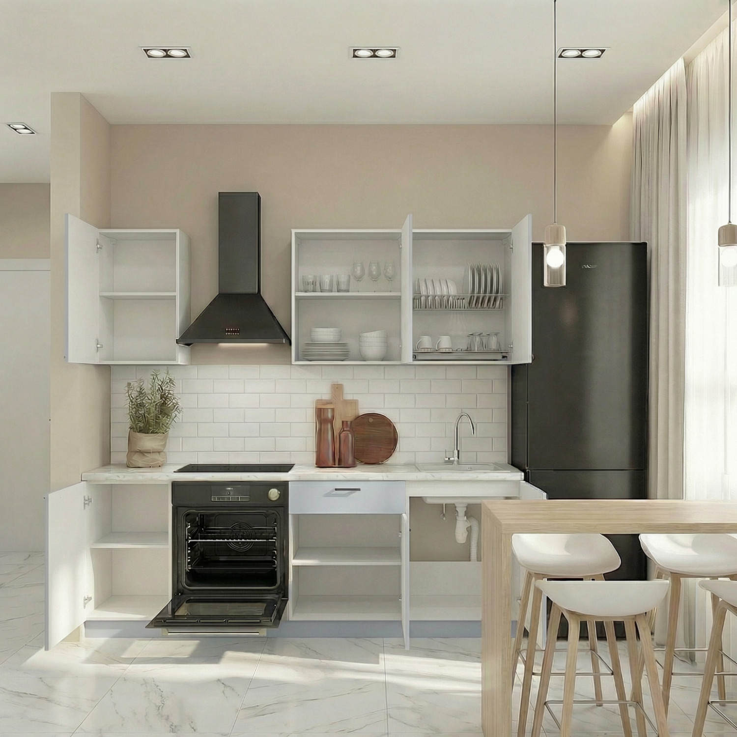 Кухонный гарнитур Рондо 2, 214x225x60 см, Светло-серый, левый		