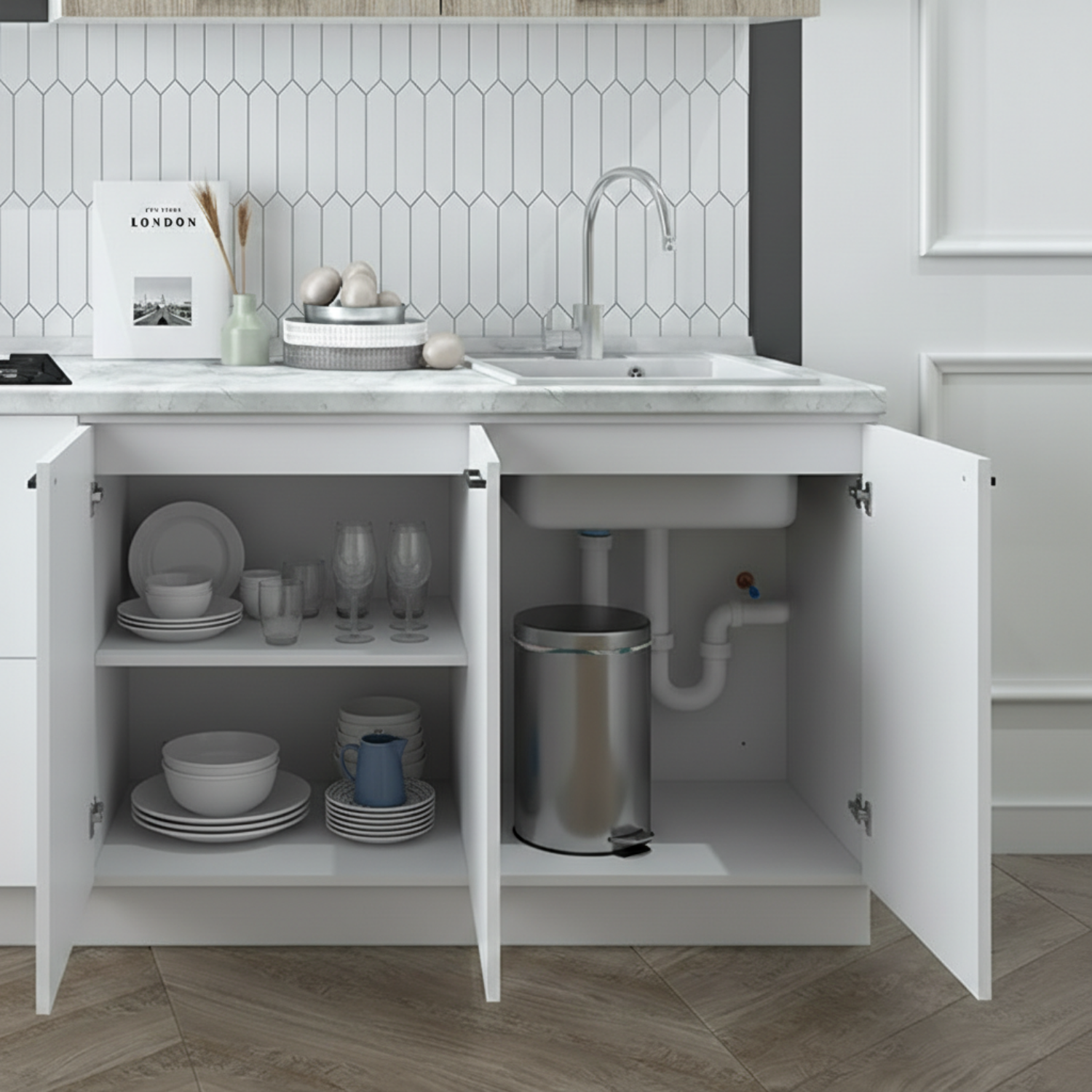 Кухонный гарнитур Рондо 1, 214x300x60 см, Дуб натуральный и белый, левый