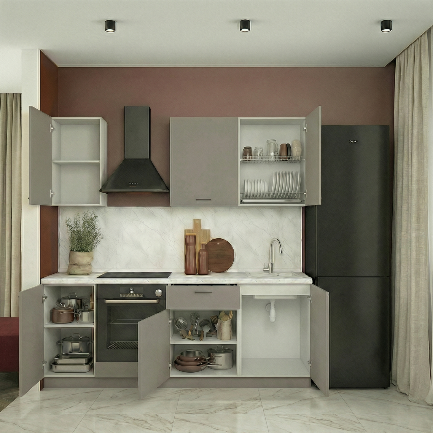 Кухонный гарнитур Рондо 2, 214x225x60 см, Серый камень, левый		