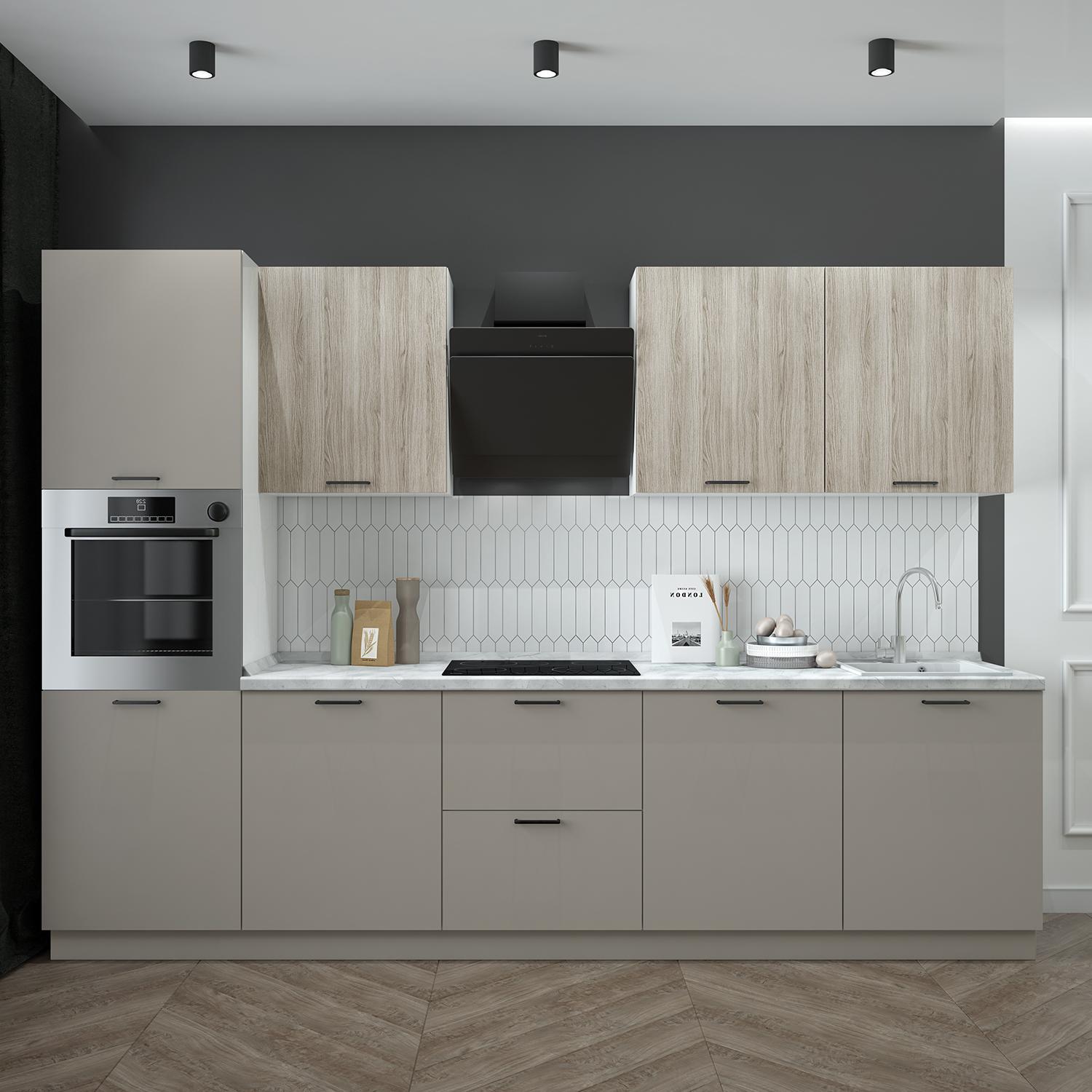 Кухонный гарнитур Рондо 1, 214x300x60 см, Дуб натуральный, серый камень, левый