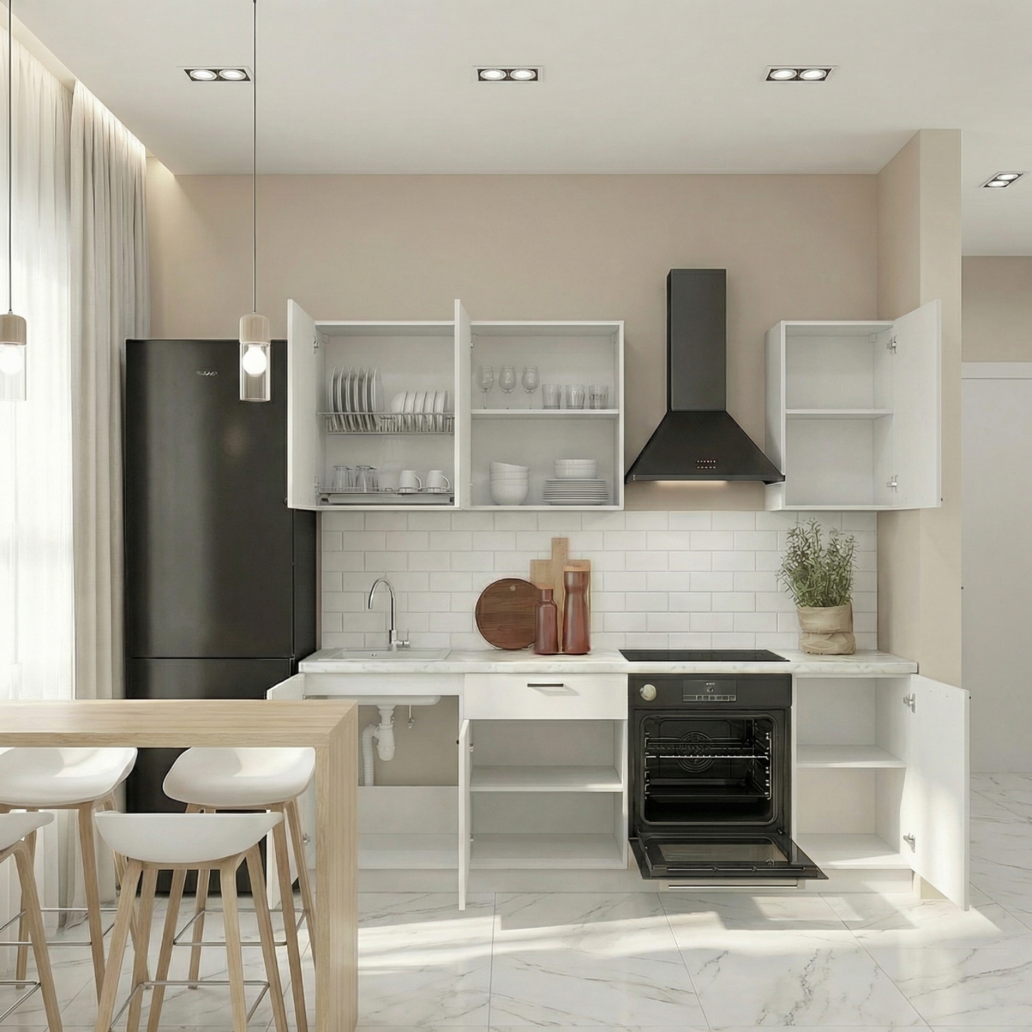 Кухонный гарнитур Рондо 2, 214x225x60 см, Белый, правый