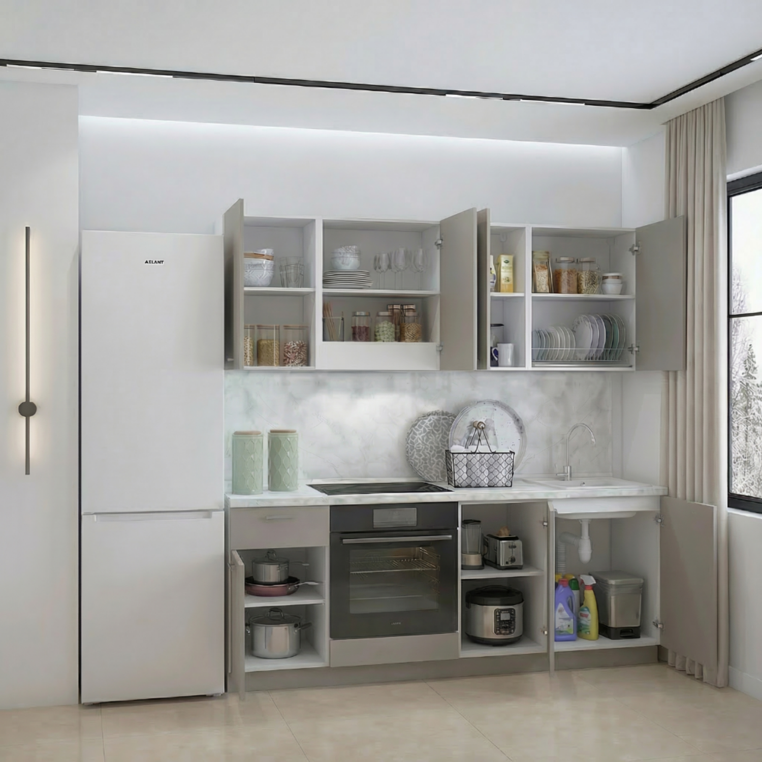 Кухонный гарнитур Рондо 3, 214x210x60 см, Серый камень, левый