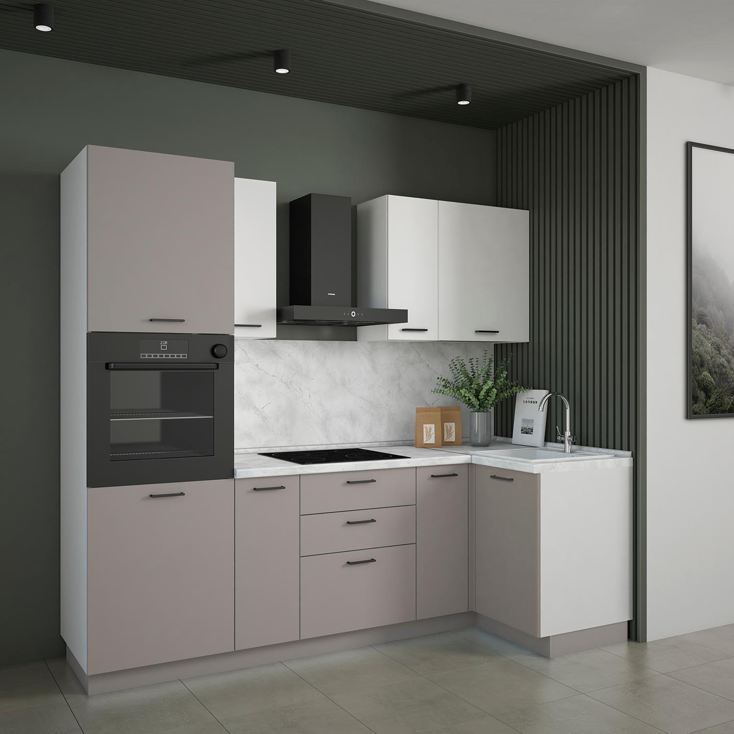 Кухонный гарнитур Рондо 10, 214x240x105x60 см, Белый, Серый камень, левый