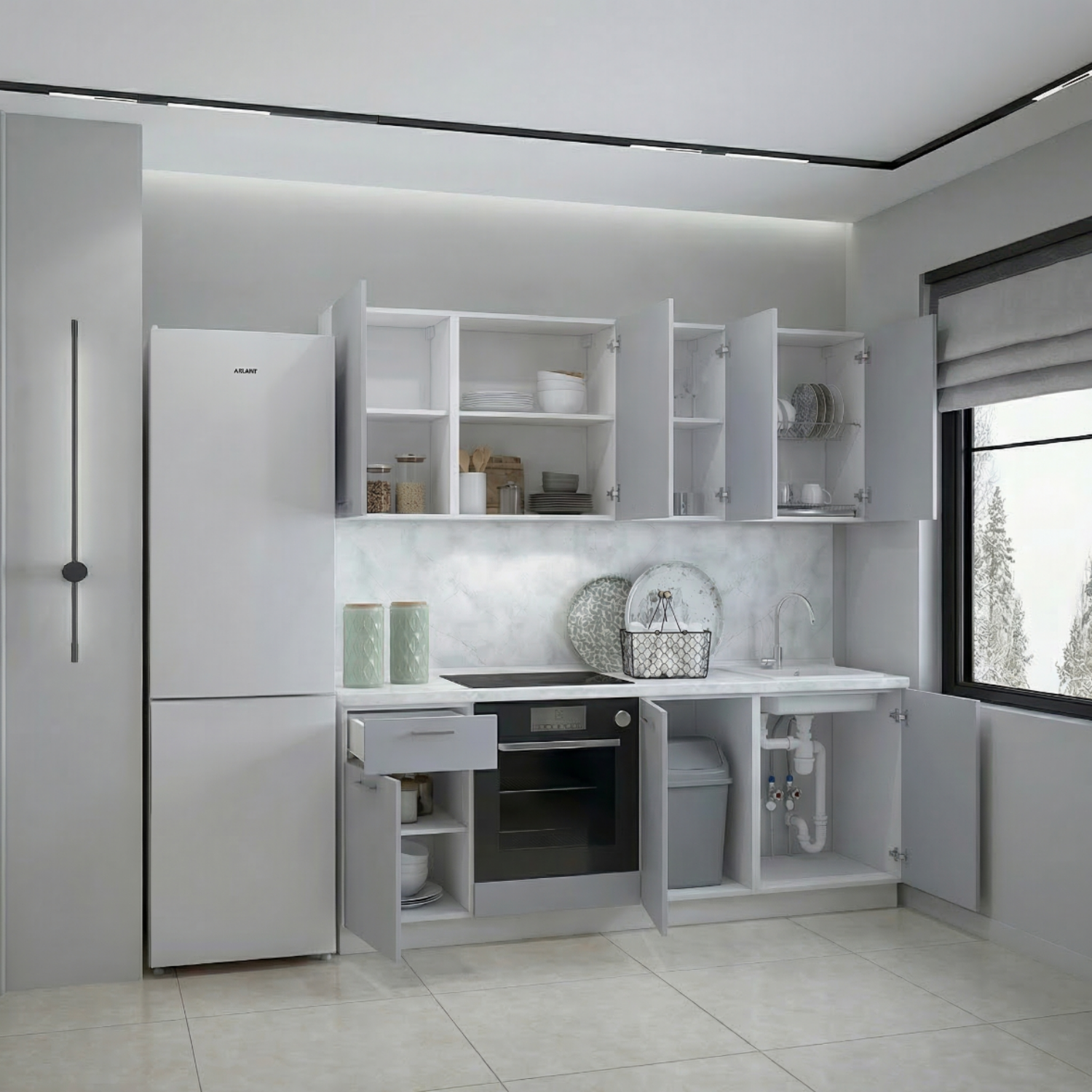 Кухонный гарнитур Рондо 3, 214x210x60 см, Светло-серый, левый