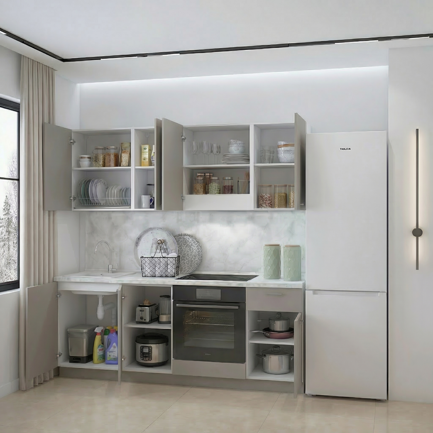 Кухонный гарнитур Рондо 3, 214x210x60 см, Серый камень, правый