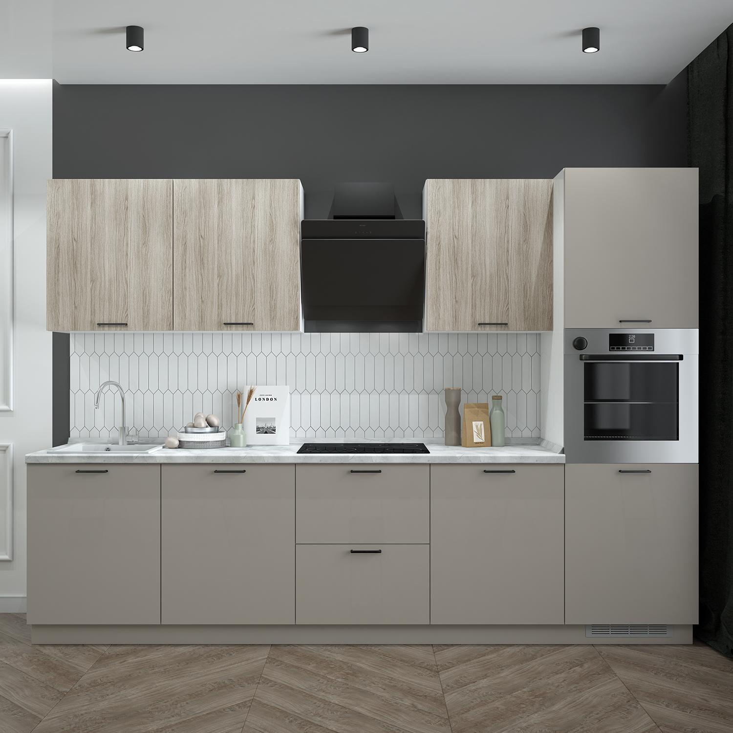 Кухонный гарнитур Рондо 1, 214x300x60 см, Дуб натуральный, серый камень, правый