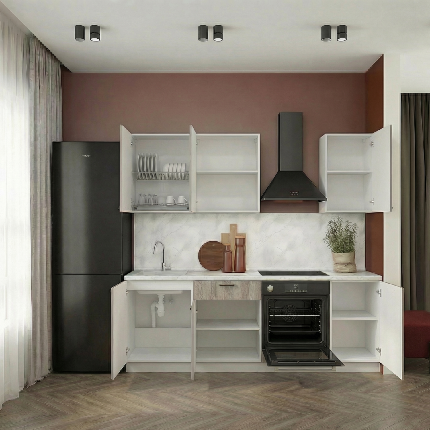 Кухонный гарнитур Рондо 2, 214x225x60 см, Дуб натуральный, правый