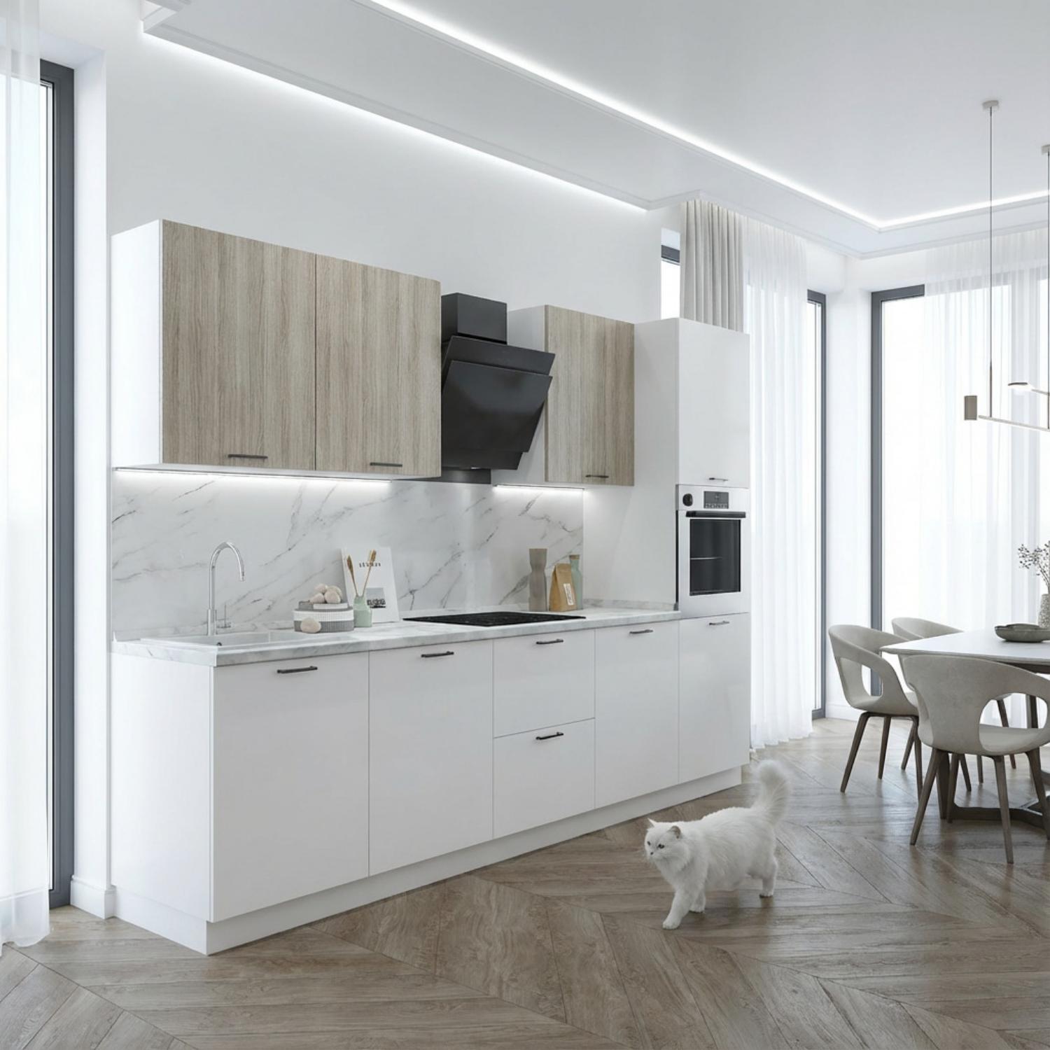 Кухонный гарнитур Рондо 1, 214х300х60 см, Дуб натуральный и белый, правый