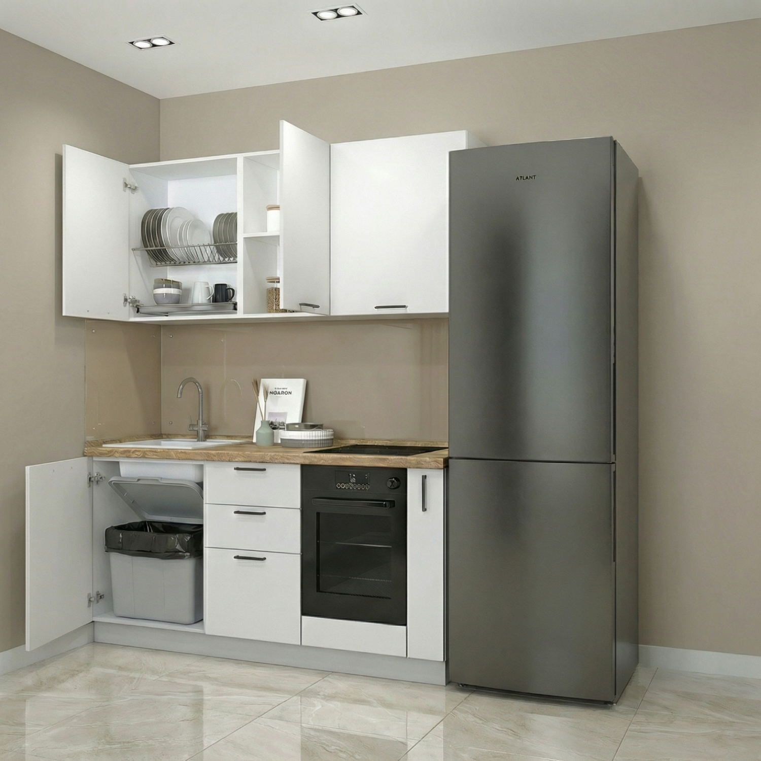 Кухонный гарнитур Рондо 4, 214x165x60 см, Белый, левый