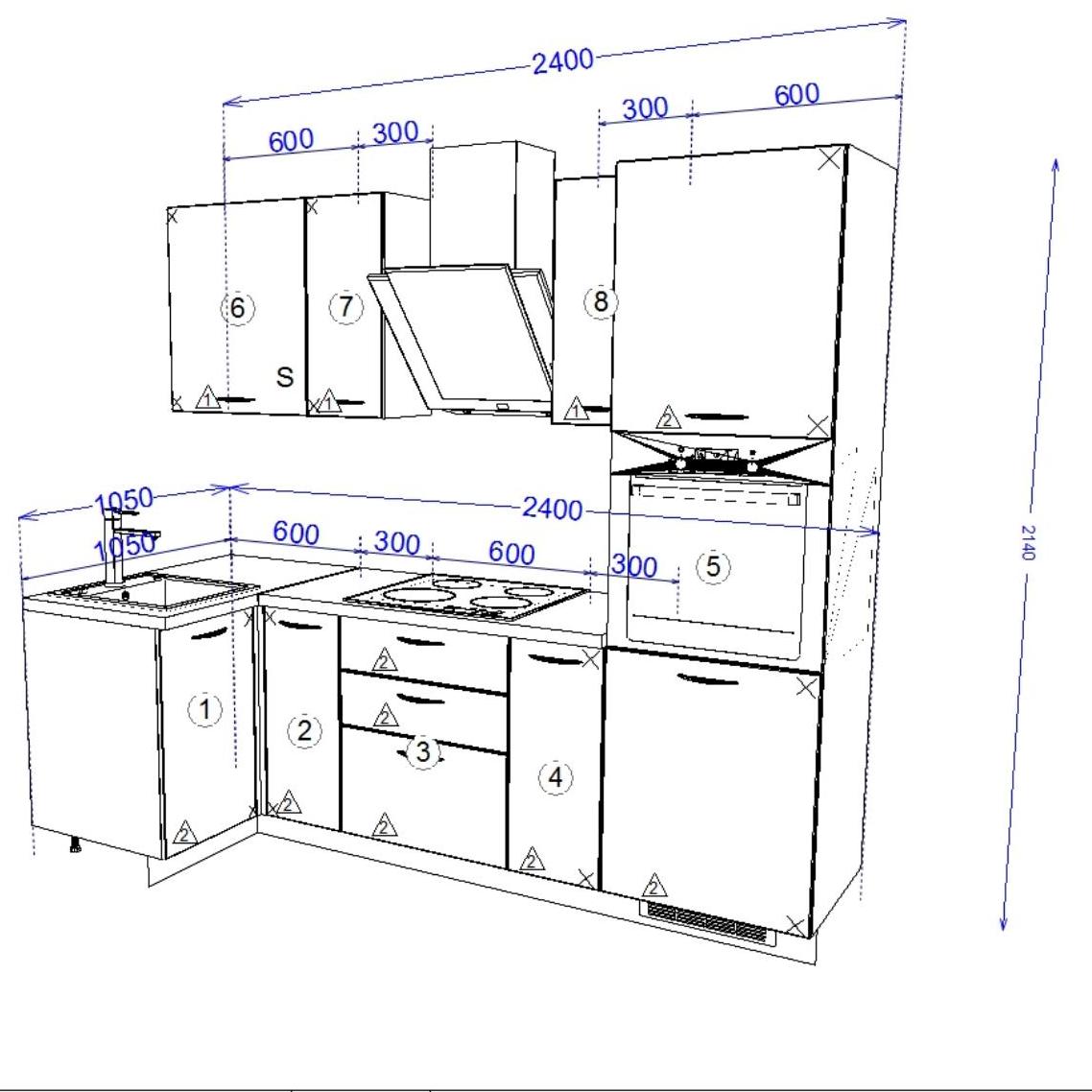 Кухонный гарнитур Рондо 10, 214x240x105x60 см, Белый, Серый камень, правый
