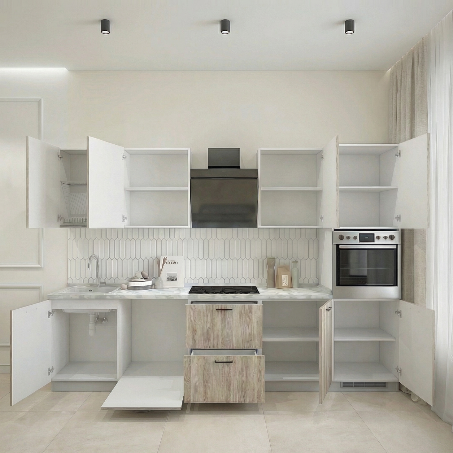 Кухонный гарнитур Рондо 1, 214x300x60 см, Дуб натуральный, правый