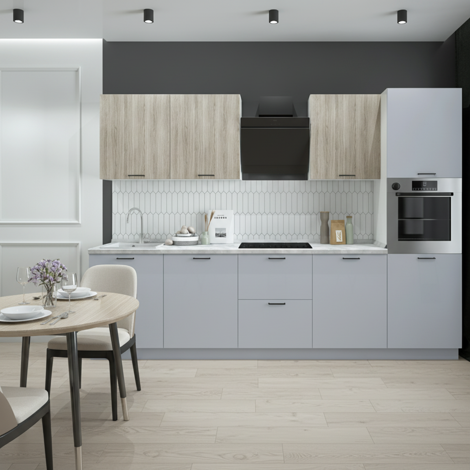 Кухонный гарнитур Рондо 1, 214x300x60 см, Дуб натуральный, светло-серый, правый