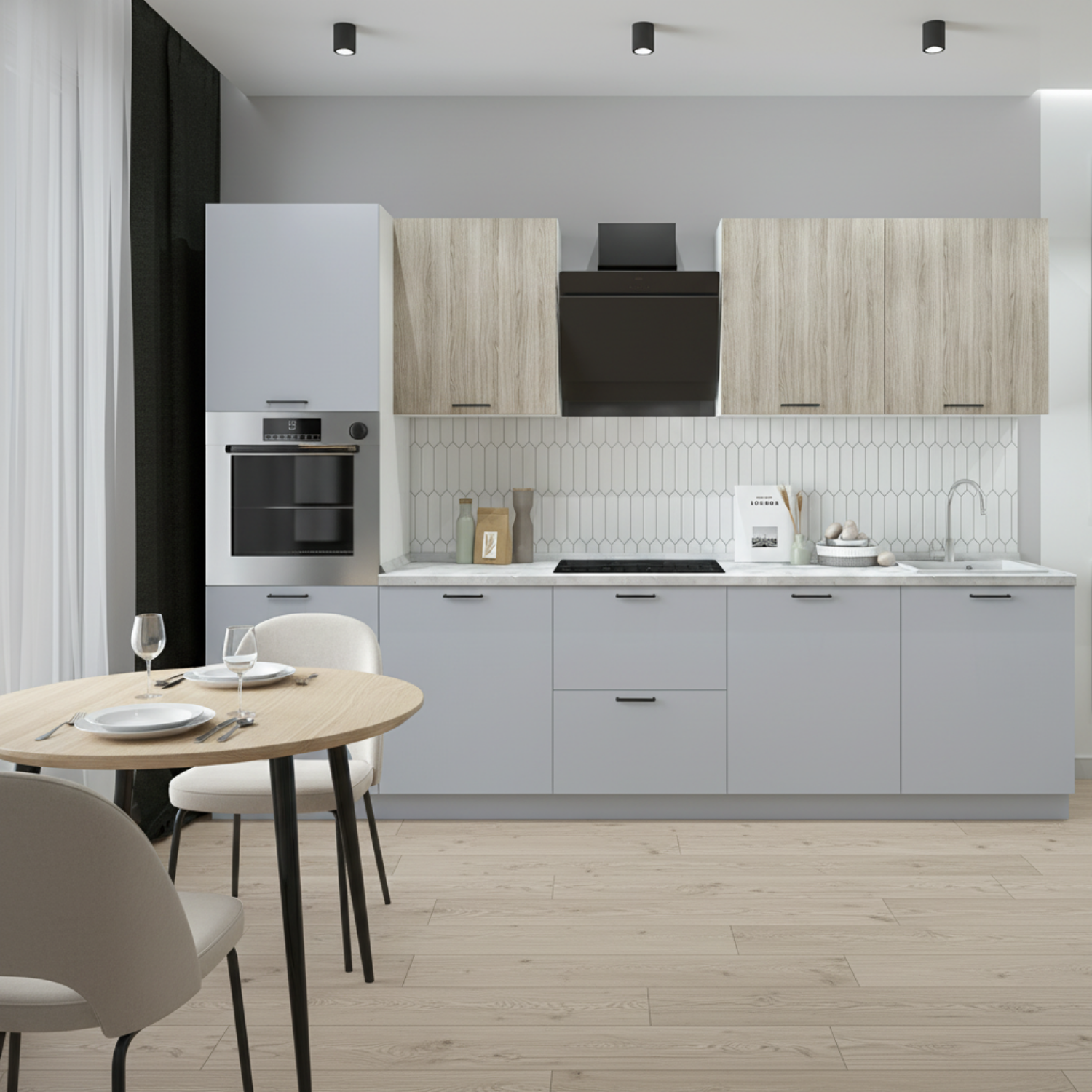 Кухонный гарнитур Рондо 1, 214x300x60 см, Дуб натуральный, светло-серый, левый